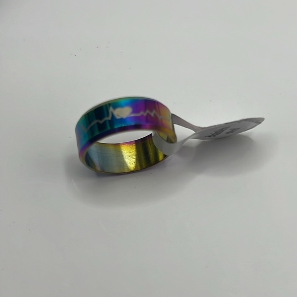 Heartline Etched Heart Pulse Rainbow Stainless Steel Ring Band - Picture 2 of 8